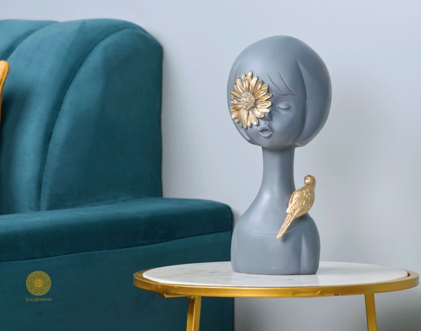Abstract springtime girl sculpture with sparrow, pink abstract figurine by The Gharnish, showcasing artistic design and delicate details.