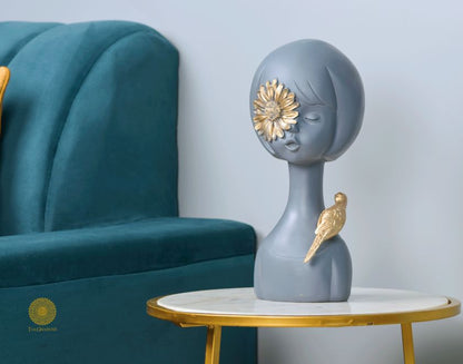 Abstract springtime girl sculpture with sparrow, pink abstract figurine by The Gharnish, showcasing artistic design and delicate details.