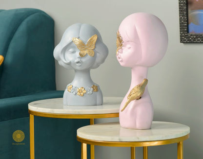 Set of 2 Springtime Girls abstract figurines by The Gharnish, pink and grey decorative statues for home decor.
