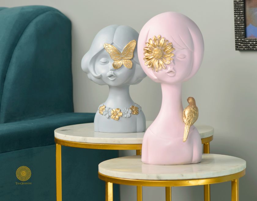 Set of 2 Springtime Girls abstract figurines by The Gharnish in pink and grey, featuring playful, modern sculpture designs.
