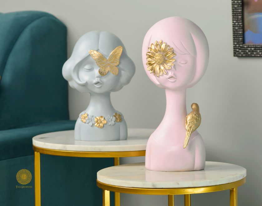 Set of 2 Springtime Girls abstract figurines in pink and grey by The Gharnish, decorative sculptures for home decor.