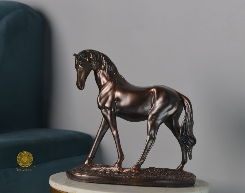 Premium Polyesin horse statue figurine with metallic finish, detailed animal sculpture by The Gharnish, perfect for home decor.