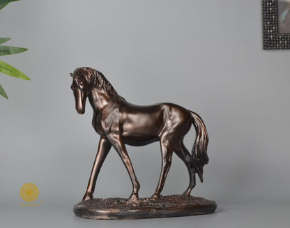 Premium Polyesin horse statue by The Gharnish, metallic animal figurine with detailed craftsmanship for decorative display.