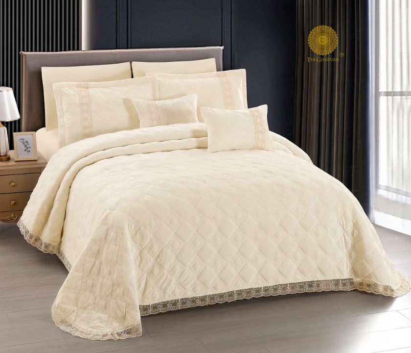 Luxury quilted bedding set from The Gharnish, featuring super soft, premium fabric for warmth and comfort in a stylish bedroom.