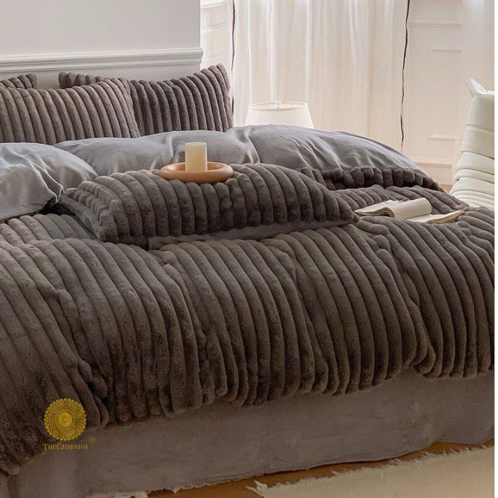 Cream rabbit fur bedding set of 4 by The Gharnish, designer collection, limited edition, luxurious bedding for a cozy bedroom.
