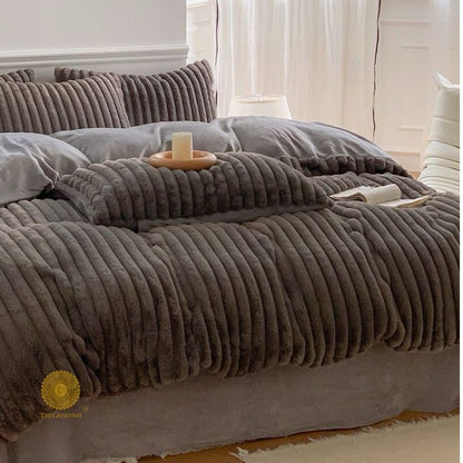Cream rabbit fur bedding set of 4 by The Gharnish, designer collection, limited edition, luxurious bedding for a cozy bedroom.