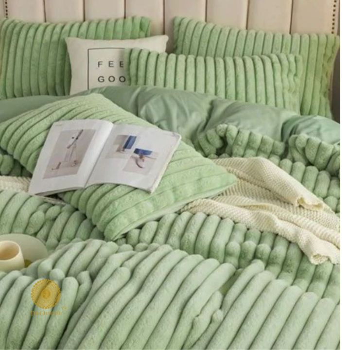 Cream rabbit fur bedding set of 4 from The Gharnish Designer Collection, limited edition luxury bedding for a cozy bedroom.