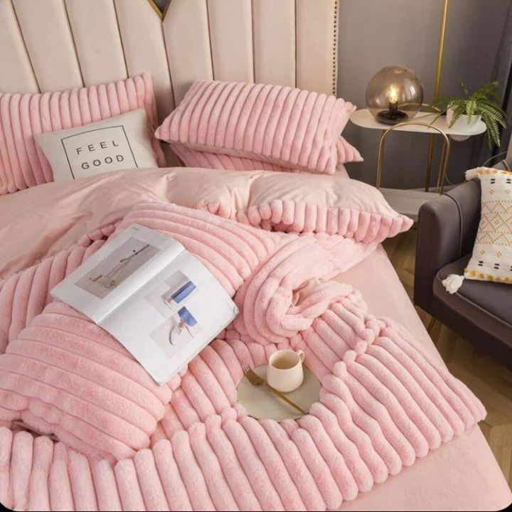 Cream rabbit fur bedding set of 4 by The Gharnish, designer collection, limited edition, featuring luxurious soft bedding in elegant style.
