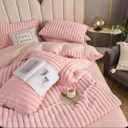 Cream rabbit fur bedding set of 4 by The Gharnish, designer collection, limited edition, featuring luxurious soft bedding in elegant style.
