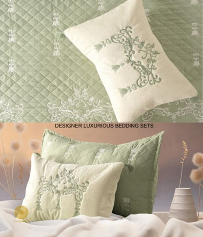 Designer bedding set by The Gharnish, 5-piece summer bedding set with stylish patterns and soft fabric for a comfortable sleep.