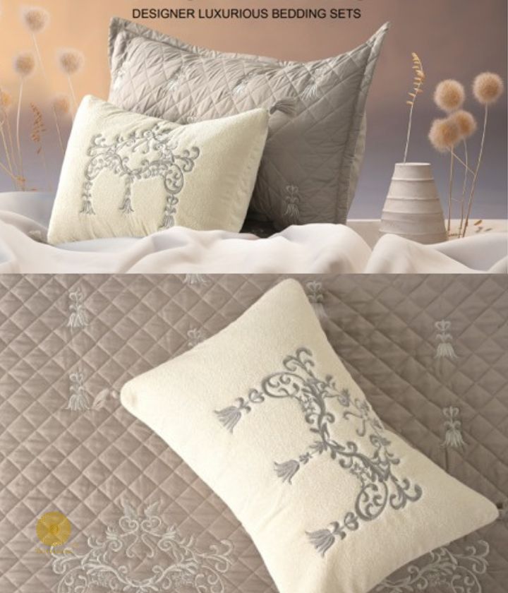 Designer bedding set by The Gharnish, 5-piece summer bedding ensemble with floral pattern and soft fabric for a stylish bedroom.