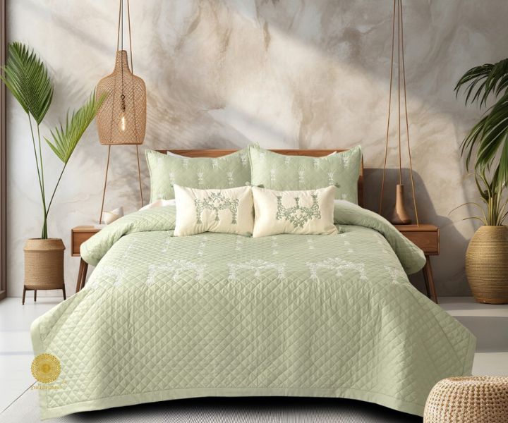 Designer bedding set by The Gharnish, 5-piece summer bedding ensemble with floral patterns and soft fabric for a stylish bedroom look.