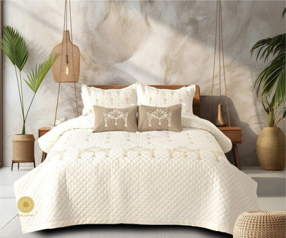 Designer bedding set by The Gharnish, 5-piece summer bedding set with stylish, lightweight fabric and elegant patterns.
