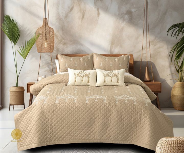 Designer bedding set by The Gharnish, 5-piece summer bedding set with floral and geometric patterns, soft fabric for comfortable sleep.