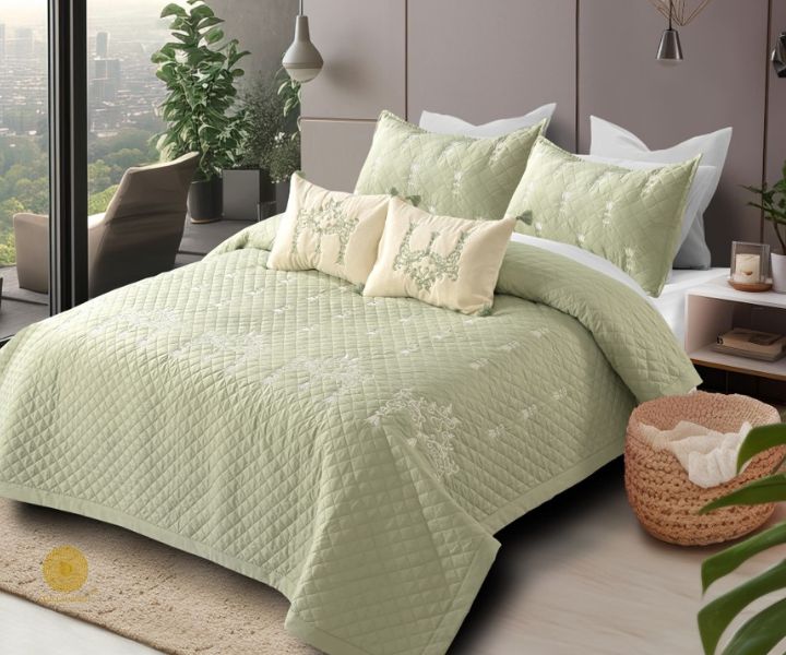 Designer bedding set by The Gharnish, 5-piece summer bedding set with floral print, soft fabric, perfect for a stylish bedroom decor.