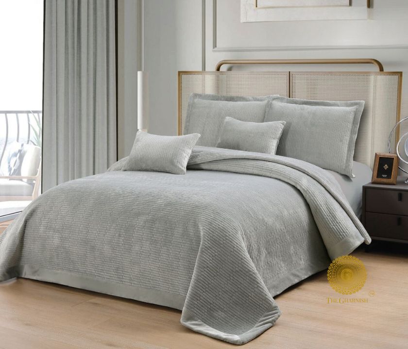 Luxury quilted bedding set by The Gharnish, includes 5-piece premium bedcover with designer embroidery and elegant bedding style.