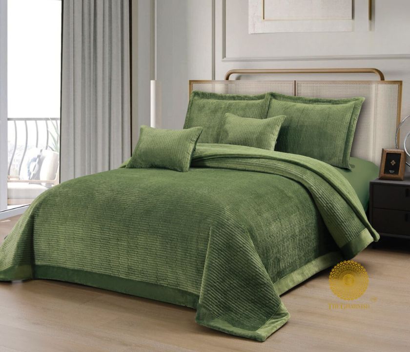 Luxury quilted bedding set by The Gharnish, designer 5-piece bedcover with elegant stitching and premium fabric for a stylish bedroom look.