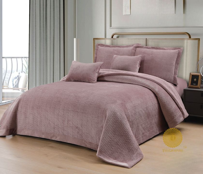 Luxury quilted bedding set by The Gharnish, designer 5-piece bedcover collection with elegant stitching and premium fabric.