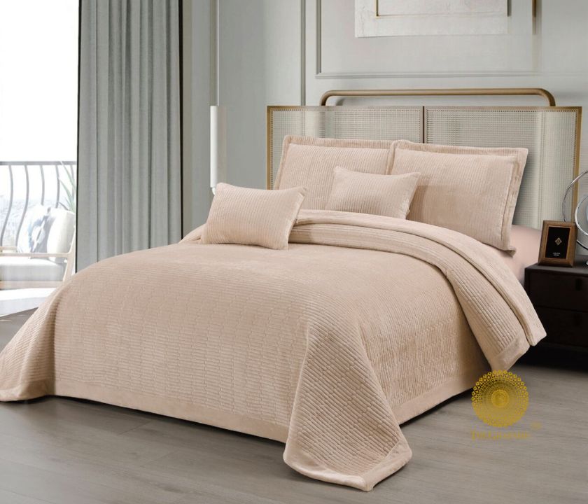 Luxury quilted bedding set by The Gharnish, 5-piece designer bedcover with intricate stitching and plush fabric for a premium look.