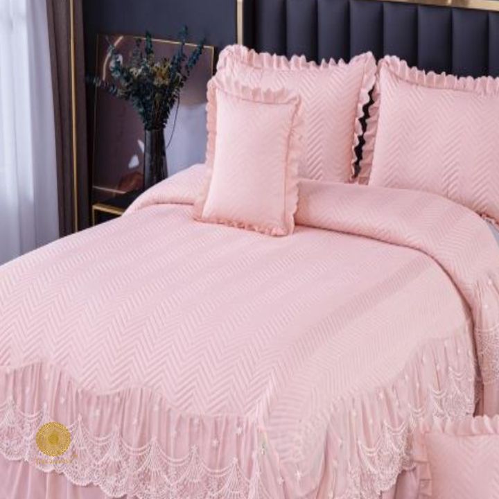 Premium laced bedding set by The Gharnish featuring intricate lace details and soft fabric for elegant bedroom decor.