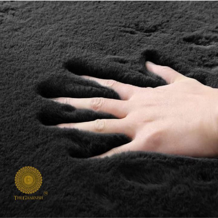 Black rabbit fur plush carpet by The Gharnish, 2x5 feet, super soft, premium quality, limited edition, ideal for cozy interiors.