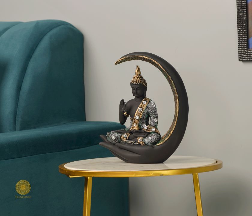 Moon Buddha figurine with hand posture, decorative gods sculpture by The Gharnish, showcasing serene Buddha with moon motif.