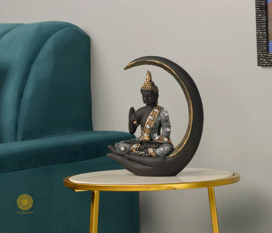 Moon Buddha figurine with hand posture, decorative gods sculpture by The Gharnish, showcasing serene Buddha with moon motif.