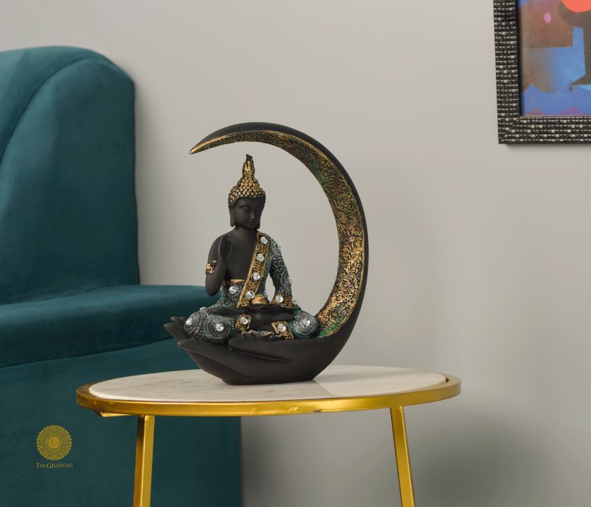 Moon Buddha figurine with hand posture, decorative gods figurine by The Gharnish, showcasing serene Buddhist art.