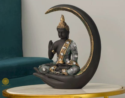 Moon Buddha figurine with hand posture, a serene gods sculpture by The Gharnish, showcasing intricate details and peaceful expression.