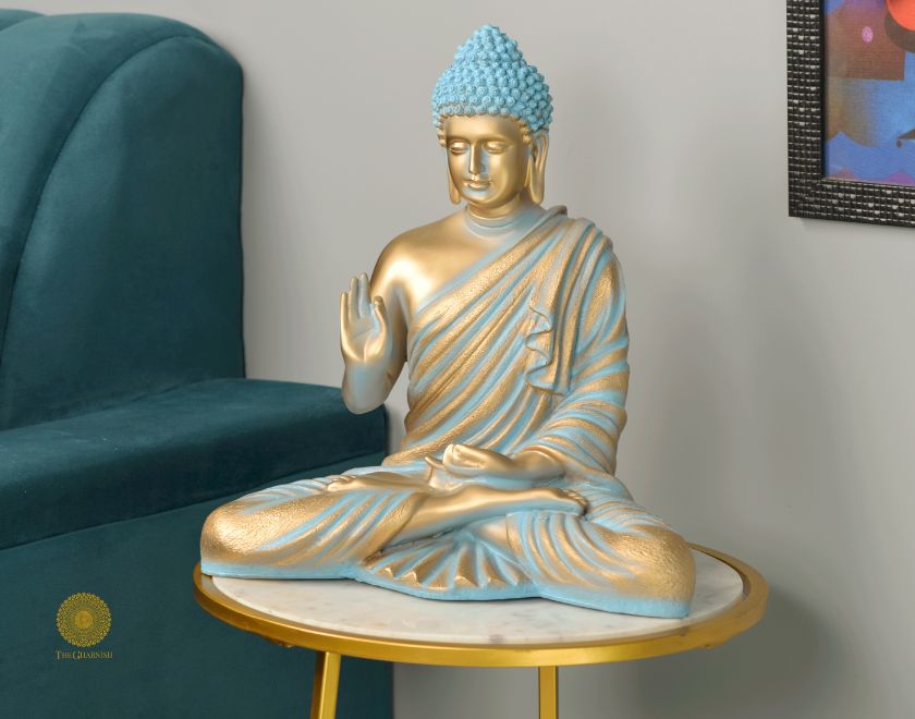 White Lord Buddha statue, detailed gods figurine by The Gharnish, showcasing serene Buddha in a meditative pose.