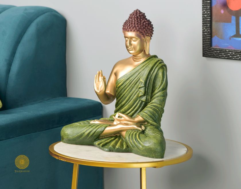 White Lord Buddha statue figurine from The Gharnish, a gods figurine showcasing serene Buddha in meditation pose.