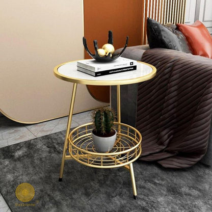 Stylish 2-tier marble side table by The Gharnish, with a modern design and sleek finish, perfect for living room decor.