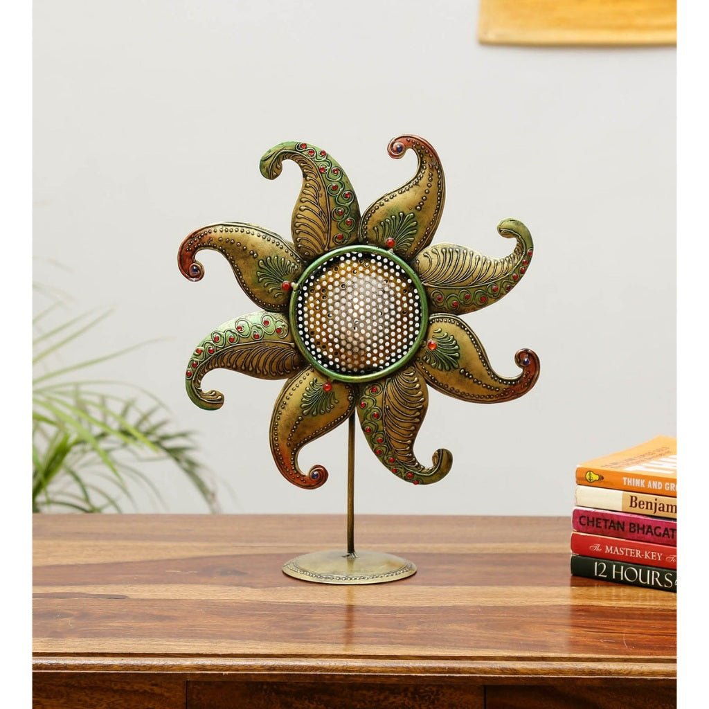 Metal sunflower table candle holder from The Gharnish, traditional lights decor with intricate design for elegant table setting.