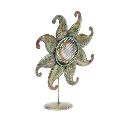 Metal sunflower table candle holder from The Gharnish, traditional lights decor piece with intricate metal flower design.