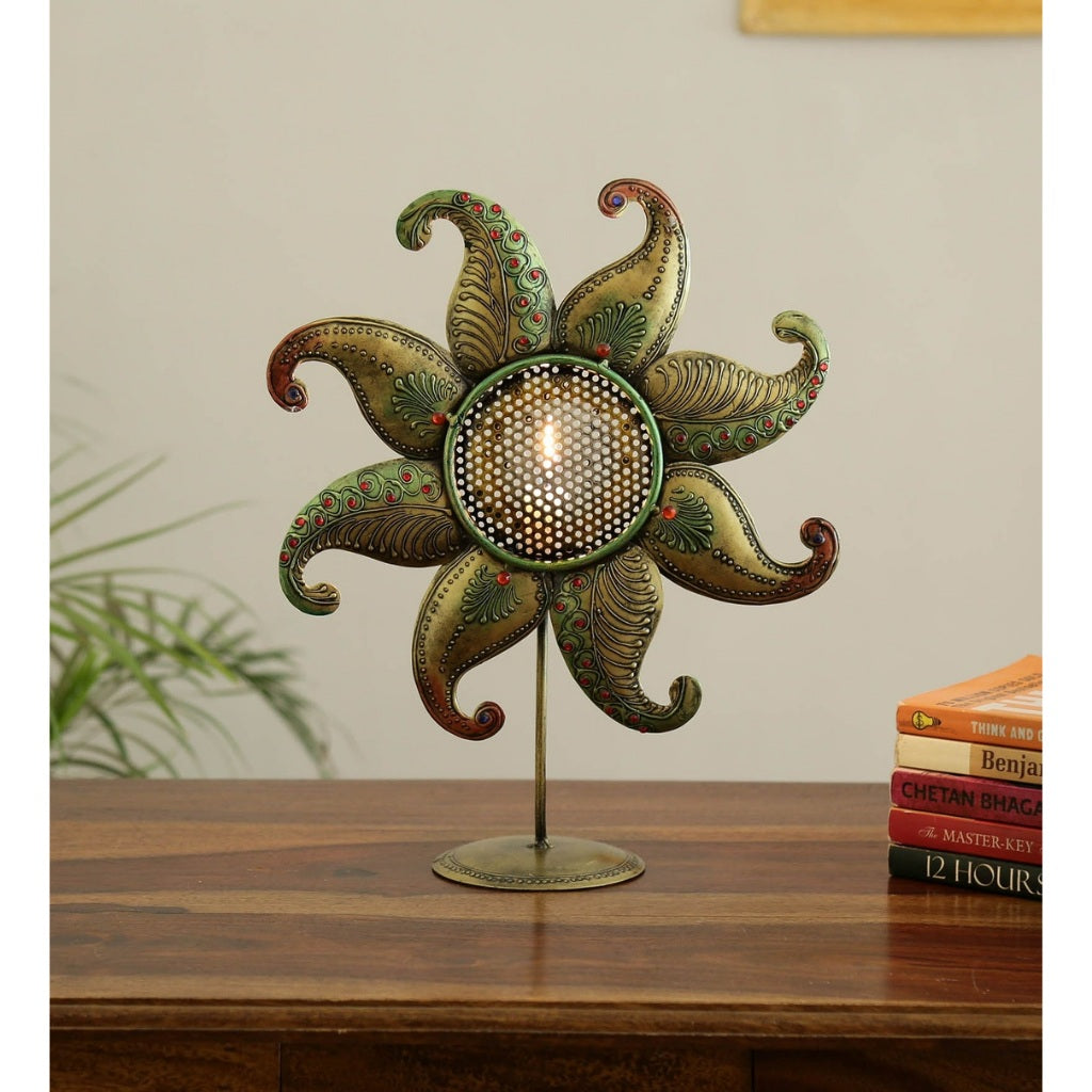 Metal sunflower table candle holder by The Gharnish, traditional lights decor piece with intricate sunflower design.