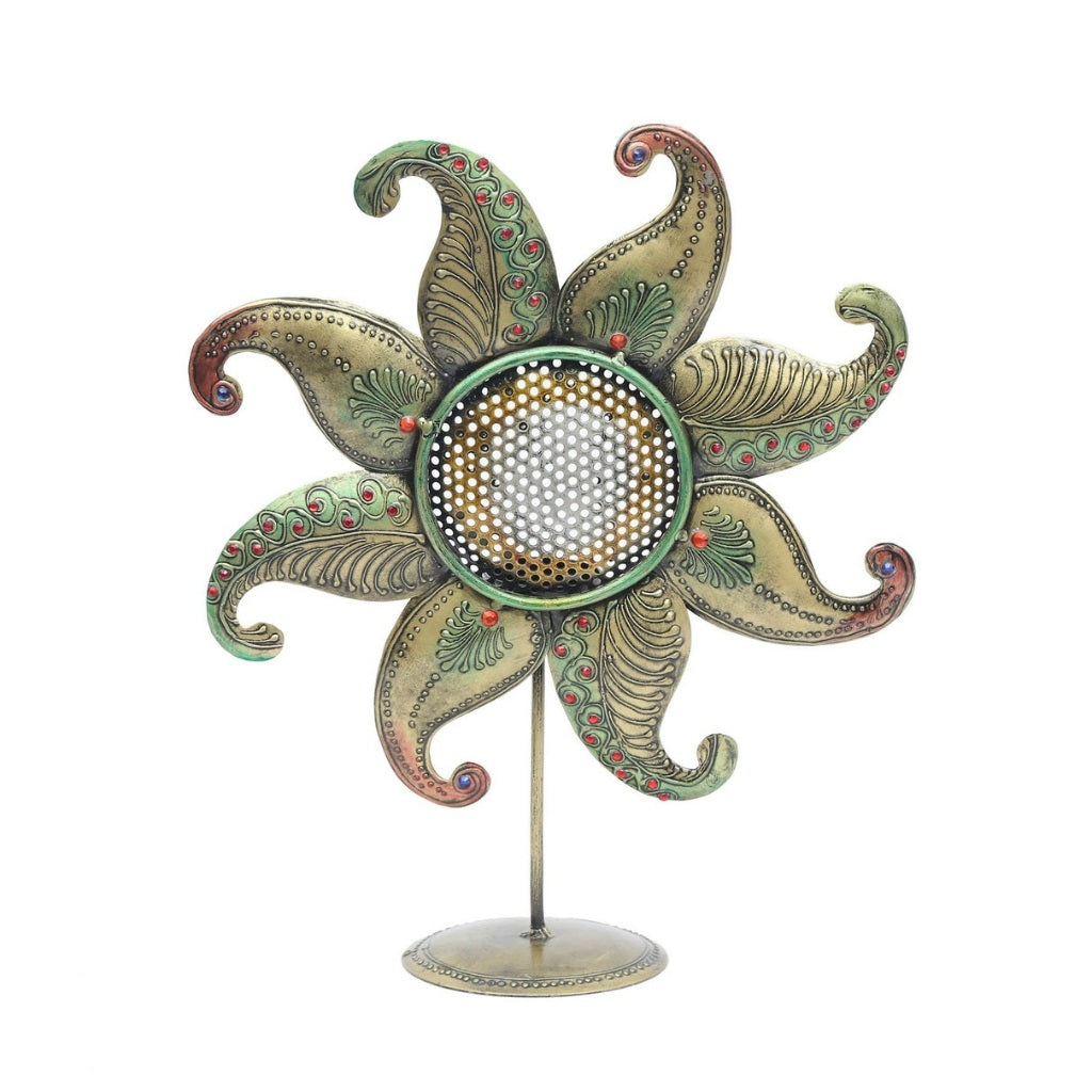 Metal sunflower table candle holder from The Gharnish, traditional lights decor, featuring intricate metal sunflower design.