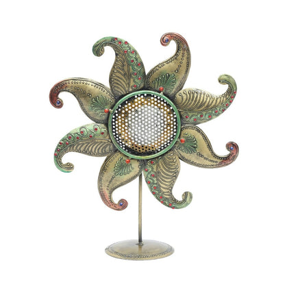 Metal sunflower table candle holder from The Gharnish, traditional lights decor, featuring intricate metal sunflower design.