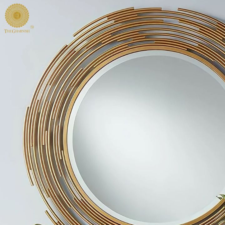 Gold layered pipe wall mirror, 24-inch diameter, stylish decorative mirror with a modern industrial design.