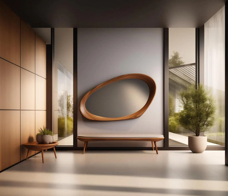 Walnut framed asymmetrical mid-century wooden mirror with irregular shape, wall decor, and natural wood finish.