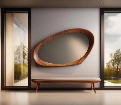 Walnut framed asymmetrical mid-century wooden mirror, irregular shape, wall decor, The Gharnish wooden decor, 30x18 inches