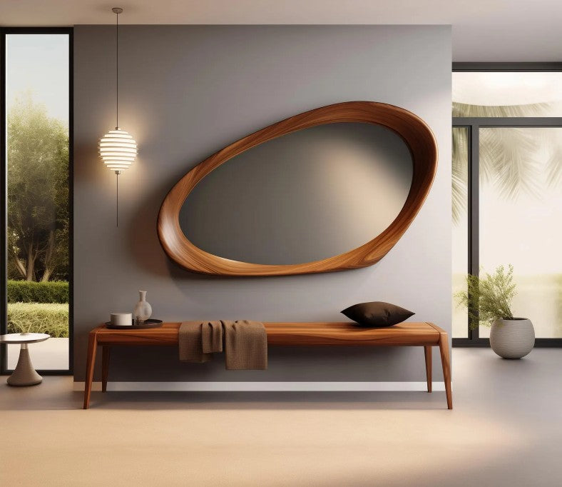 Walnut framed asymmetrical mid-century wooden mirror, irregular shape, wall decor, The Gharnish brand, 30x18 inches.