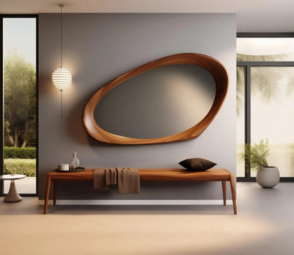 Walnut framed asymmetrical mid-century wooden mirror, irregular shape, wall decor, The Gharnish brand, 30x18 inches.