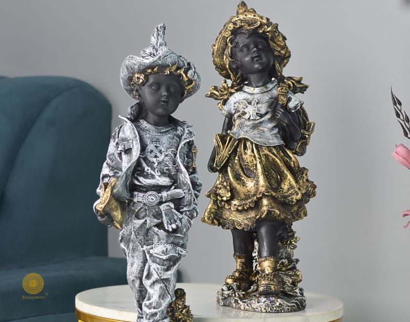 Antique Gold Walking Couple Figurines by The Gharnish, abstract 5x15 inch decorative sculptures of a couple walking side by side.