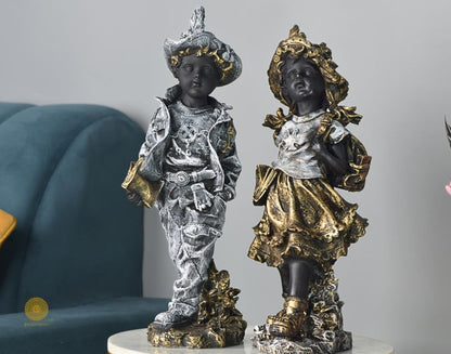 Gold antique walking couple figurines by The Gharnish, abstract design, 5x15 inches each, showcasing elegant handcrafted ceramic art.