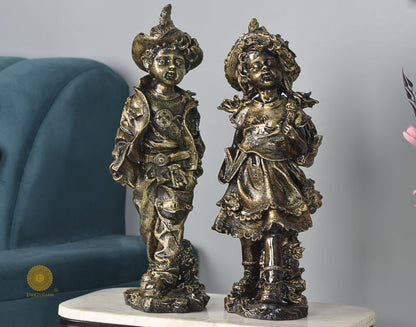 Antique gold abstract walking couple figurines by The Gharnish, 5x15 inches each, showcasing elegant, modern sculpted design.