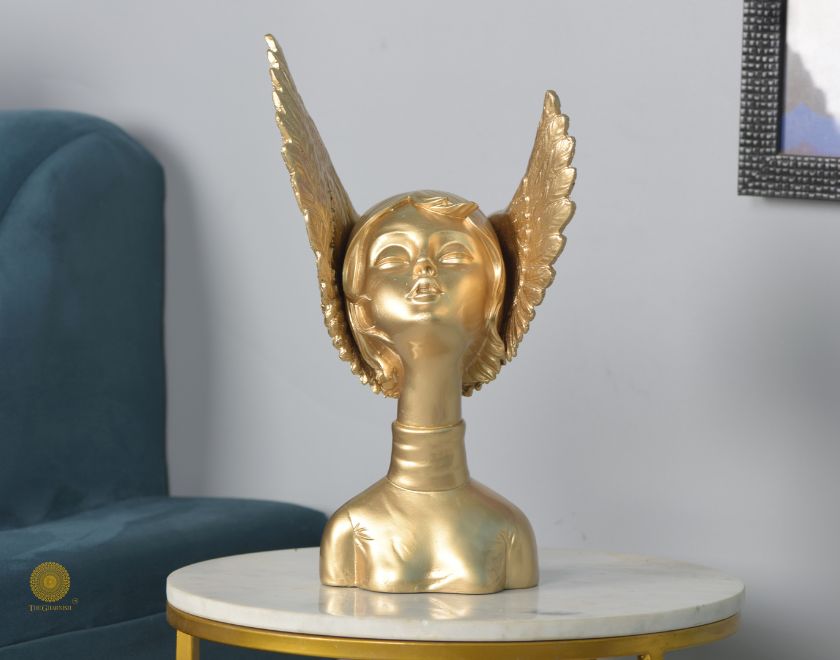 Golden Wings Angel Face Sculpture by The Gharnish, abstract black and gold figurine, 5.5x13 inches, artistic angel face sculpture