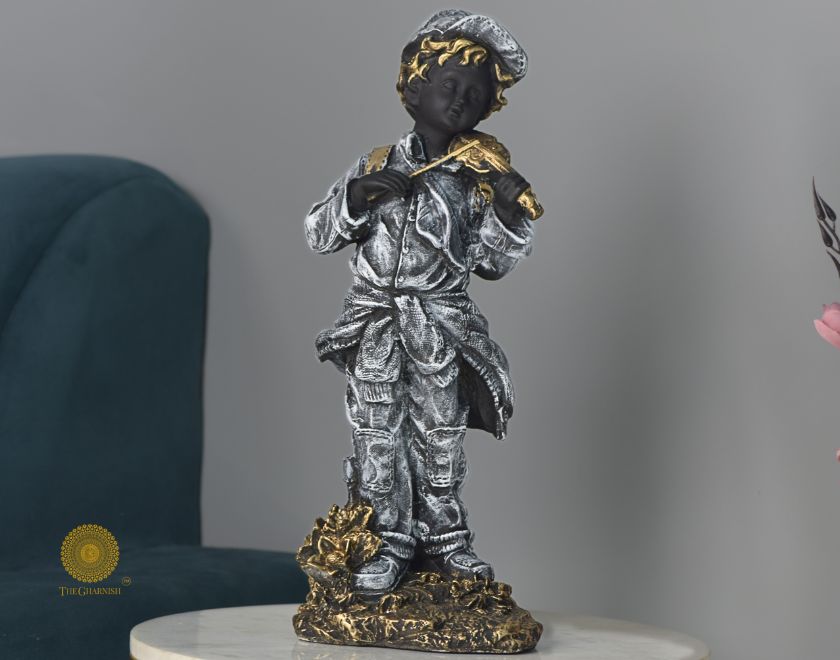 Ancient antique violin boy statue, abstract figurine by The Gharnish, 6 x 17 inches, detailed sculptural art piece.