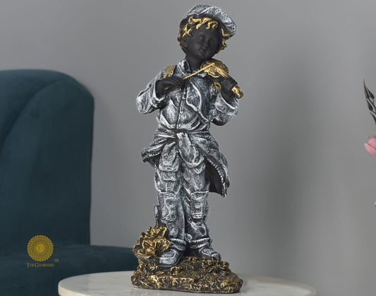 Ancient antique violin boy statue, abstract figurine by The Gharnish, 6 x 17 inches, detailed sculptural art piece.