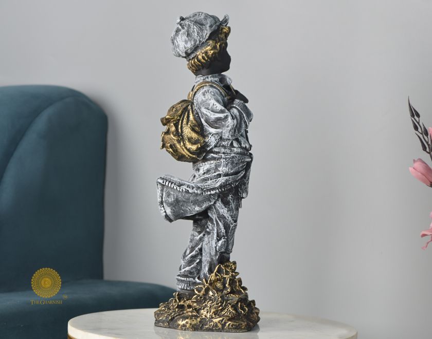 Ancient Antique Violin Boy Statue, abstract figurine by The Gharnish, 6x17 inches, detailed stone sculpture artwork