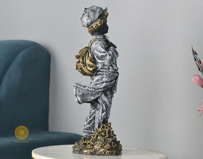 Ancient Antique Violin Boy Statue, abstract figurine by The Gharnish, 6x17 inches, detailed stone sculpture artwork